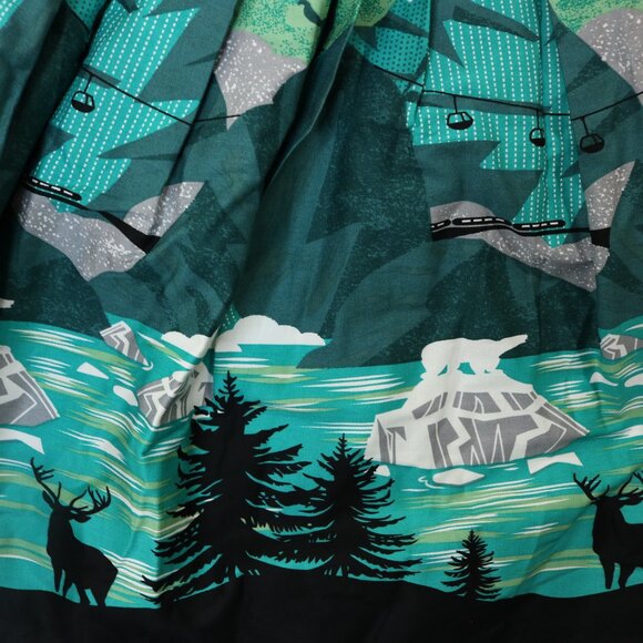 Dressever Pleated Skirt Mountains Deer Wolves Green Winter Side Zip - Picture 3 of 11